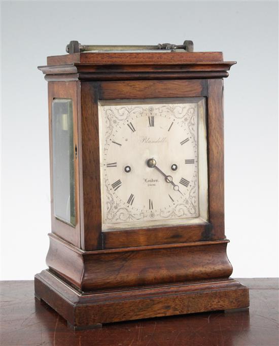 Blundell of London. An early Victorian rosewood hour repeating mantel clock, 10in.